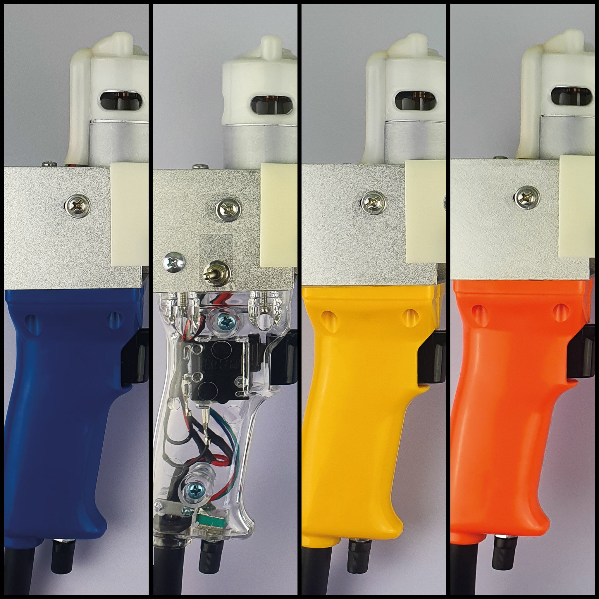 Collage of the four AK-I tufting machine handle colours; original blue, transparent, yellow, orange