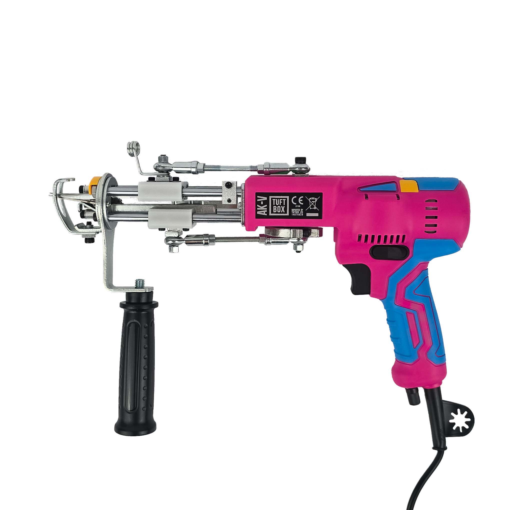 The AK-5 Rug Tufting Gun On A White Background. LED Lamp, Custom Colours, Tuftbox Logo, All Shown On A White Background. Fire Pink Varient