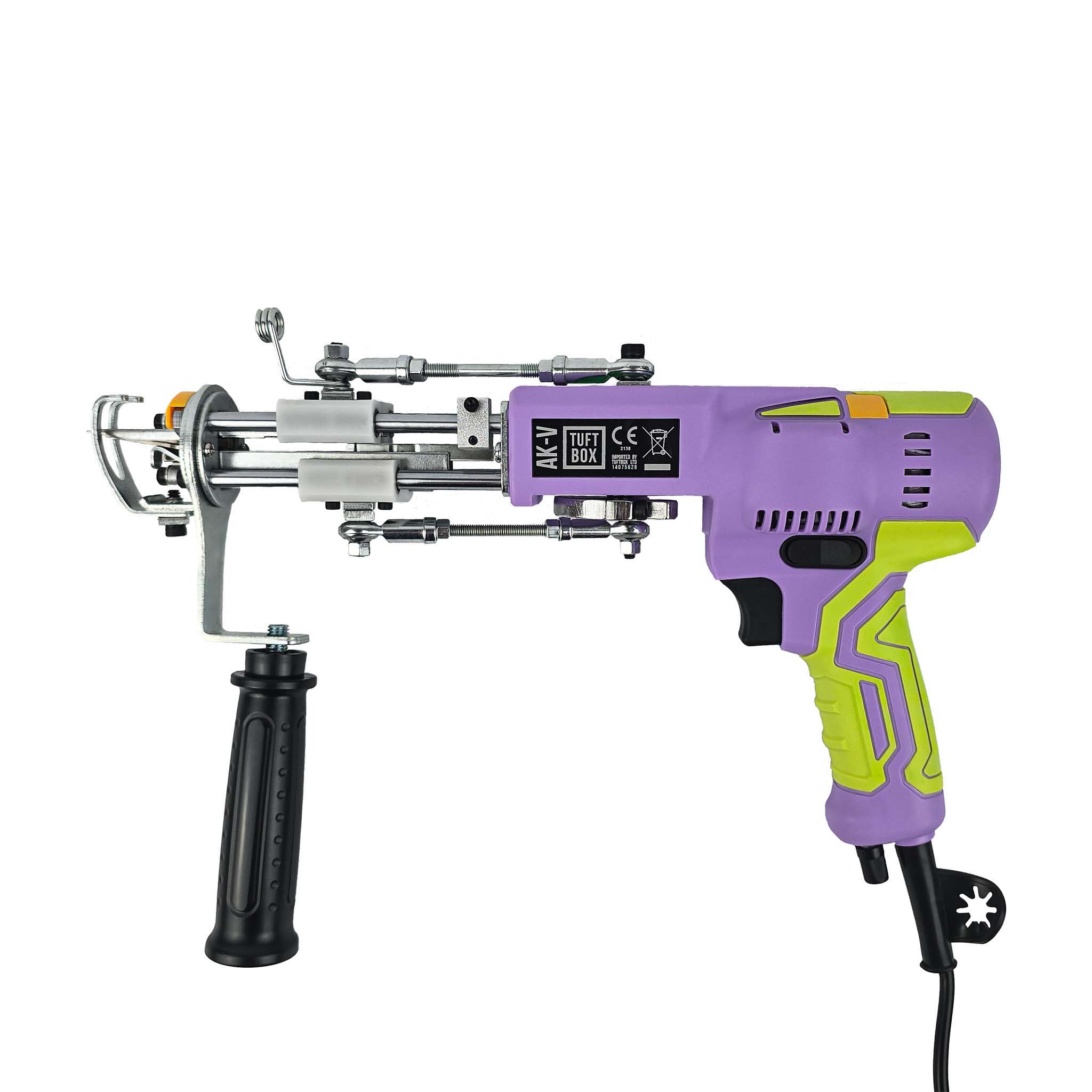 The AK-5 Rug Tufting Gun On A White Background. LED Lamp, Custom Colours, Tuftbox Logo, All Shown On A White Background. Purple Glow Varient