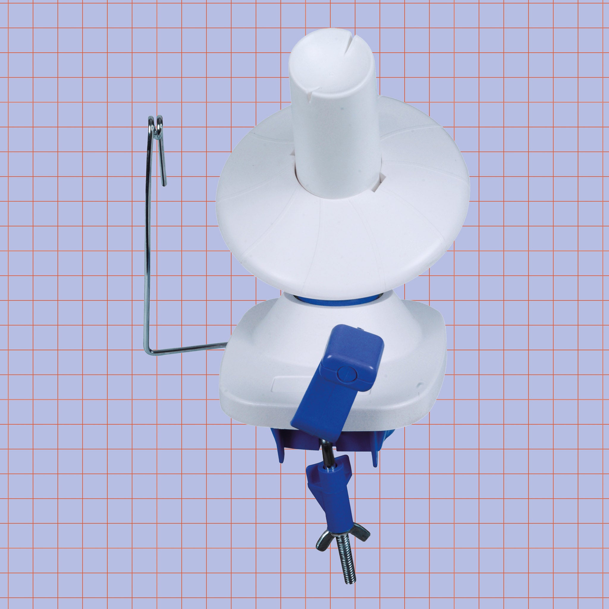 Blue and White KnitPro Yarn Winder on purple grid background