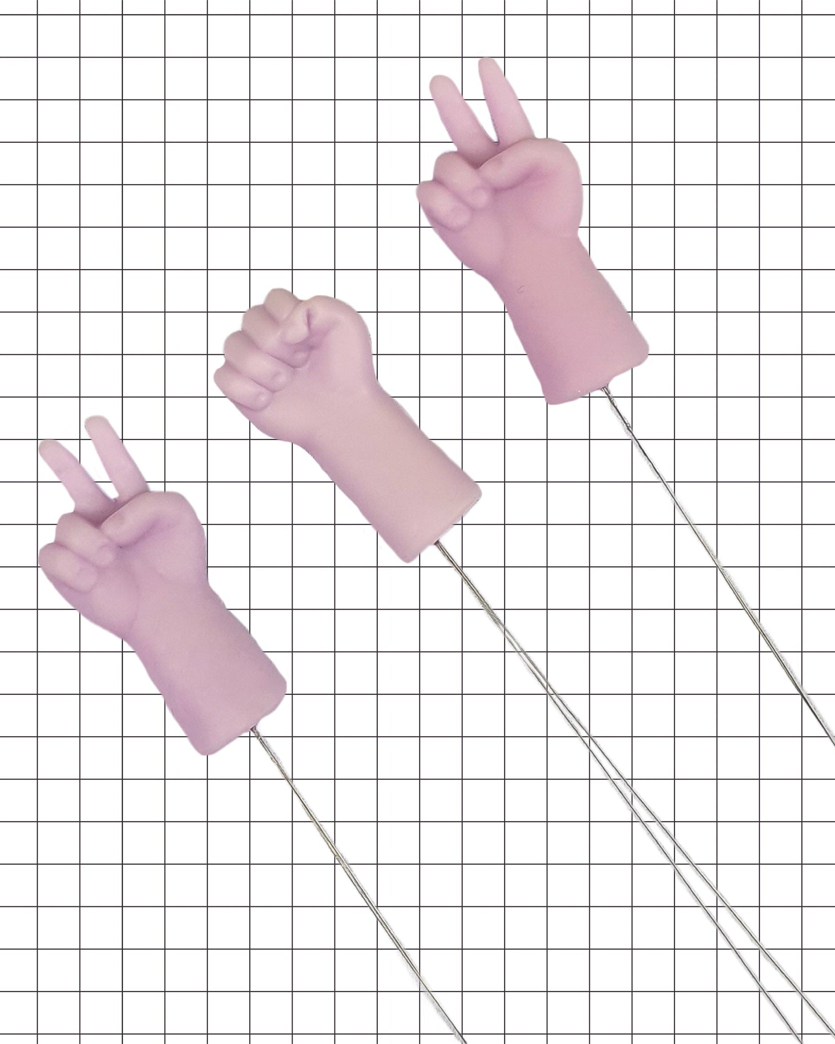 Needle threaders with peace sign hands on white grid background