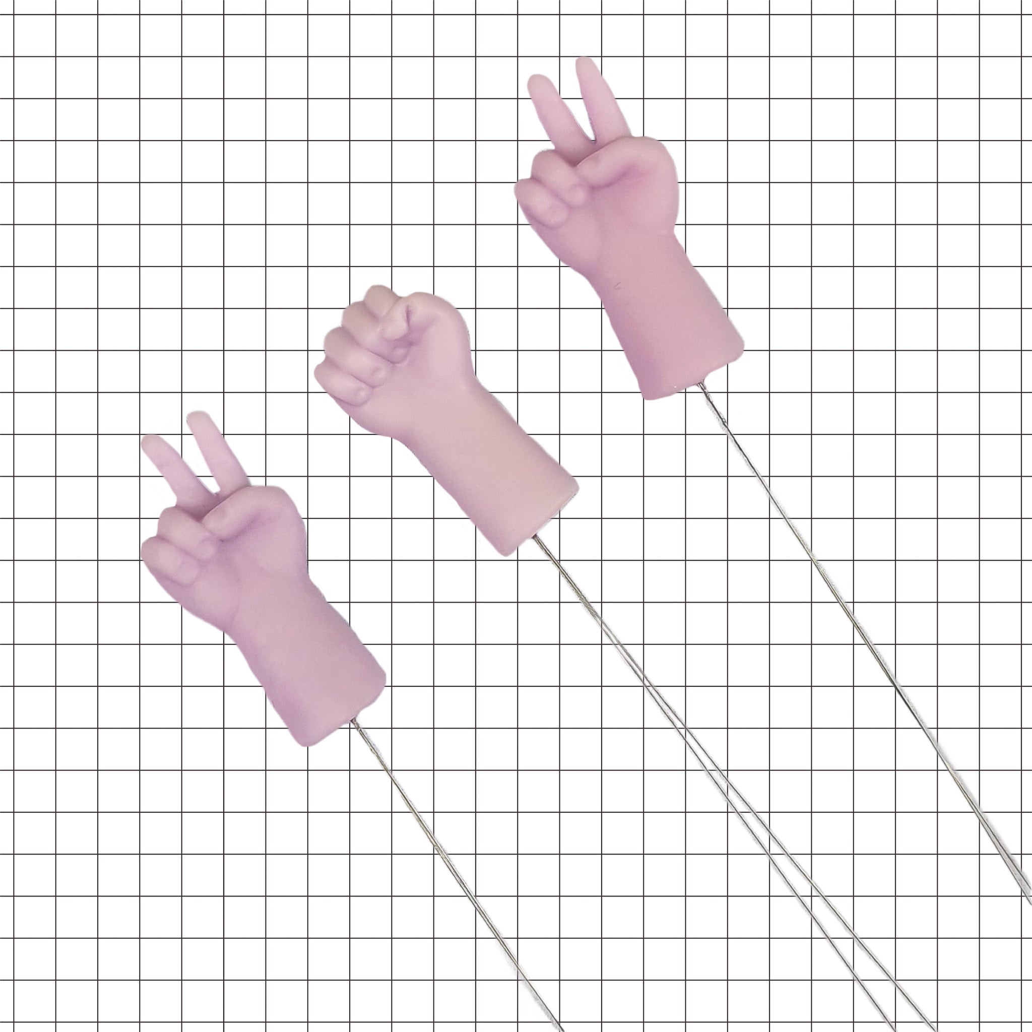 Needle threaders with peace sign hands on white grid background