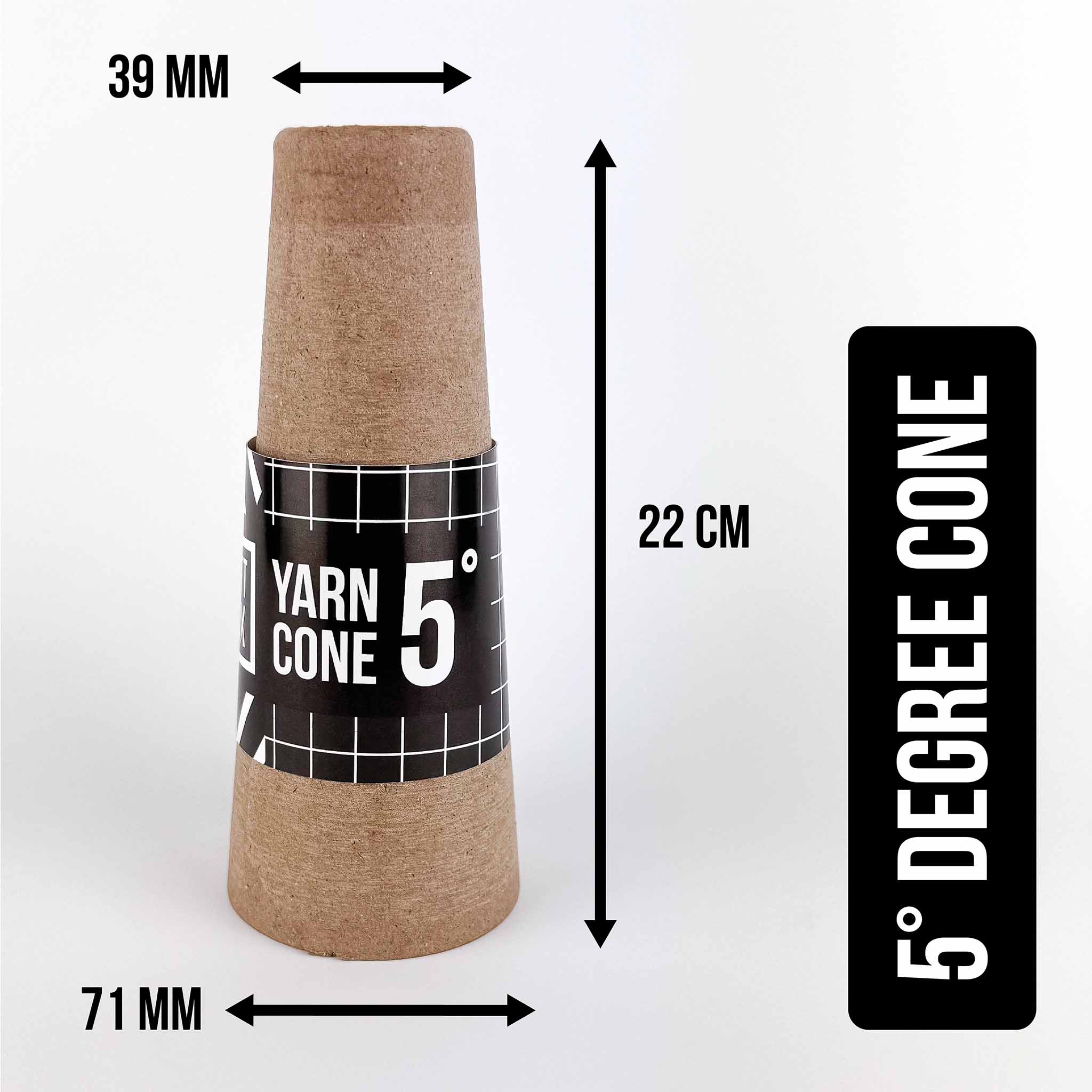 5 degree yarn cone with measurements on a white background