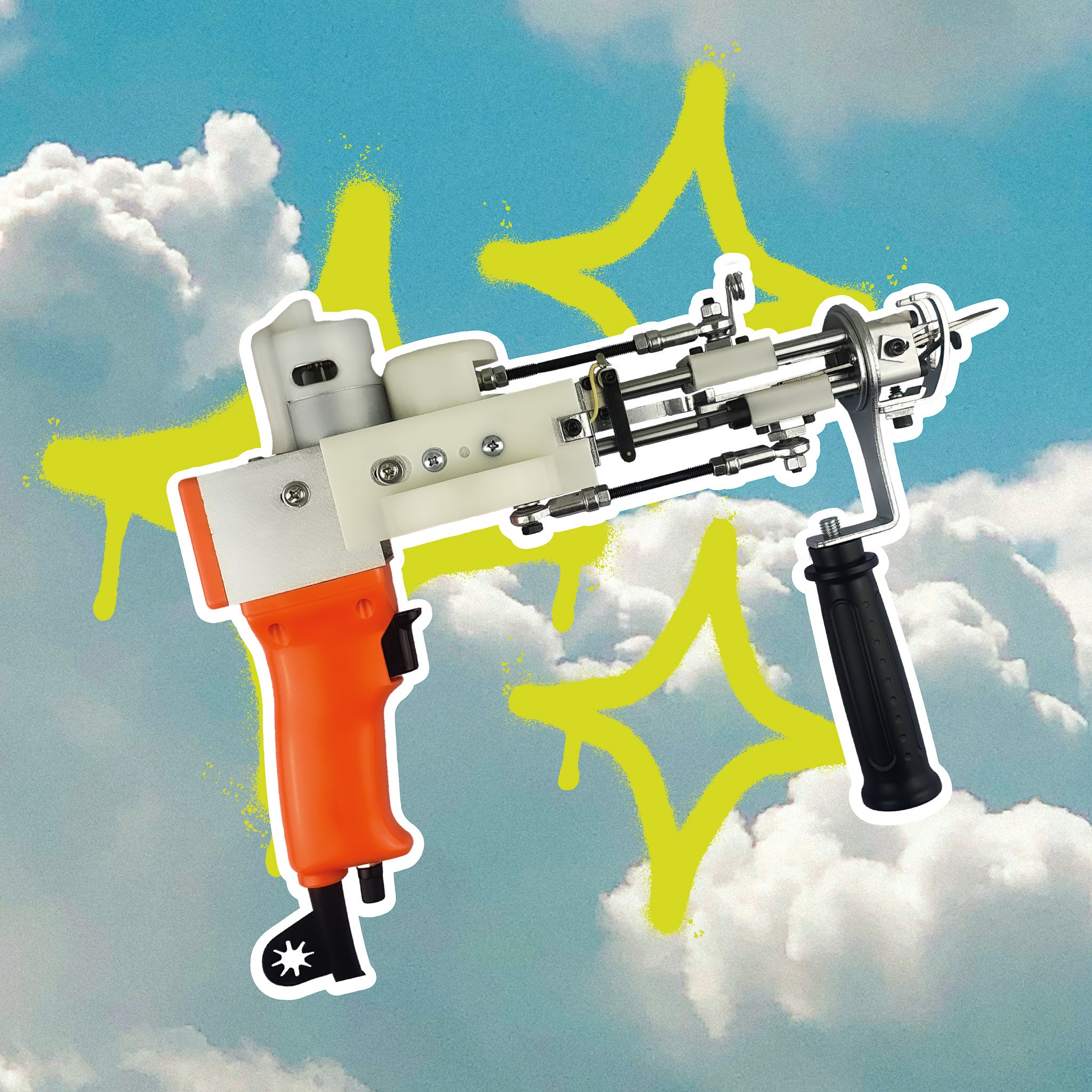Cut out of orange AK-I Tufting Machine on sky background with green graffiti stars 