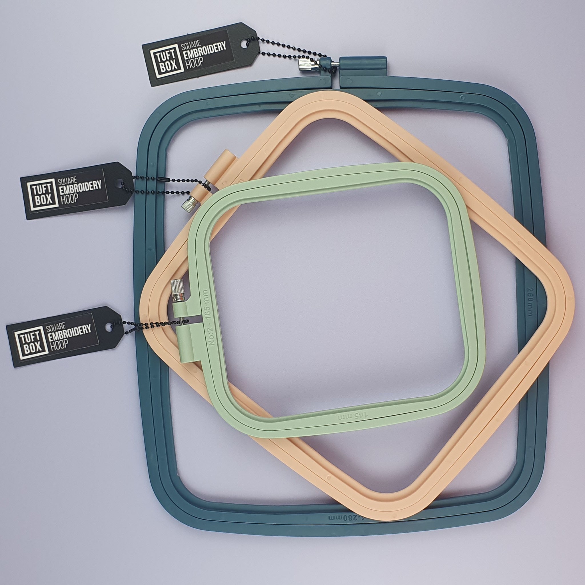 Embroidery Hoop Square Navy Cream and Green Hoops Stacked