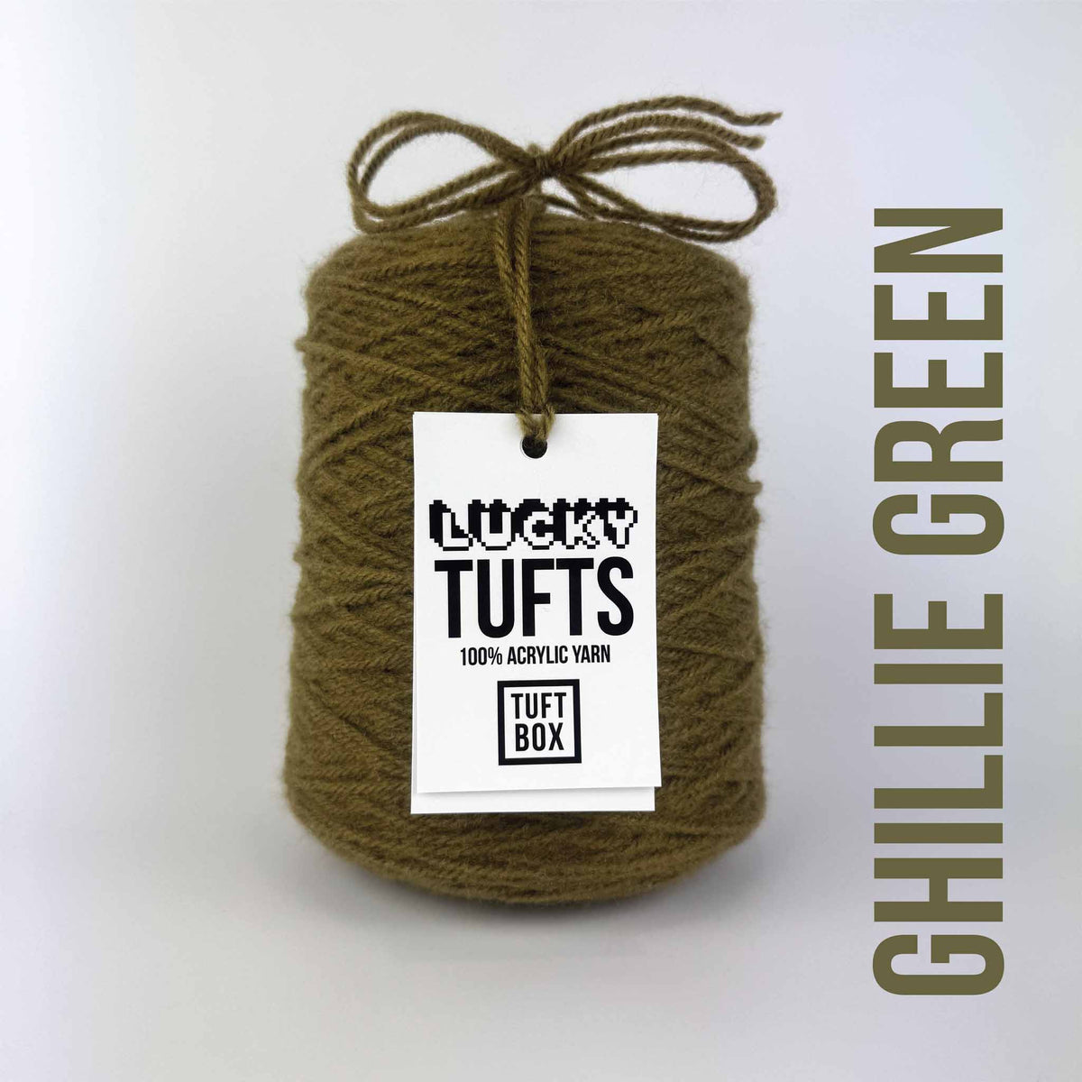 A cone of Lucky Tufts™ acrylic tufting and punch needle yarn in the colour Ghillie Green. A woody green.